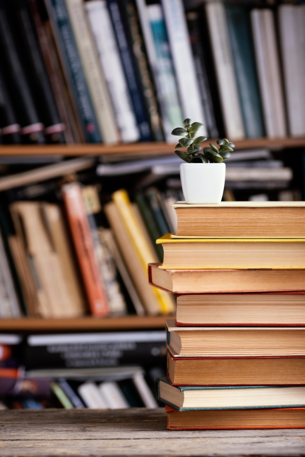 Pila de libros clásicos con planta verde simbolizando la literatura a través del tiempo y su crecimiento continuo