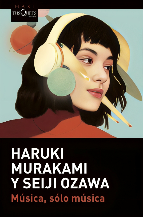 Ilustración surreal de portada del libro Música, sólo música con elementos musicales y rostro femenino